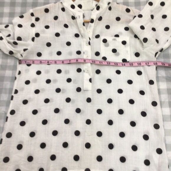 2/40$ LINEN blouse polka dots black ecru mao neck button Down casual shirt med - Picture 8 of 12